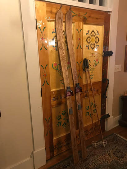Handmade Traditional Wooden Skis, rosemaled door, rosemaling front door
